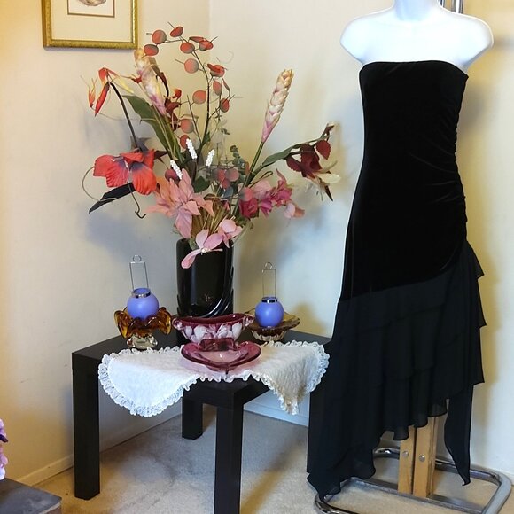 Vintage M Collection Black Maxi Evening Dress VTG Elegant Ruffled Strapless Gown - Picture 3 of 12